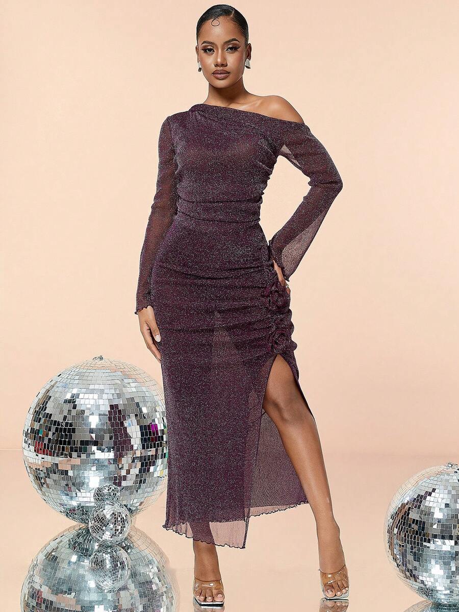 Asymmetrical Neck Shiny Long Sleeve 3D Floral Pleated Slit Party Dress - Purple - View 1