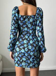 SHEIN Cottnline Allover Floral Print Off Shoulder Lantern Sleeve Ruched Bodycon Dress - Blue - View 2