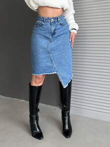 EURMUSE High Waisted Asymmetrical Hem Denim Skirt - Medium Wash - View 4