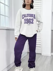 INAWLY Ensemble De Sweat-shirt À Épaules Basses Imprimé De Lettre Pour Femmes Et Pantalon De Survêtement Ample Solide
