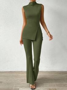 Chiquease Chic Không tay Áo Với giá đỡ Vòng cổ Và Cái nĩa cao Và Thon gọn Quần Hai chiếc Bộ - xanh quân đội - Xem 4