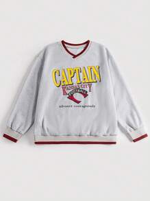 Flirla Plus Size Women's Letter Print Fleece Pullover Sweatshirt Fall - Grey - View 4