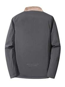 Manfinity Homme Áo khoác gió ngoài trời dáng rộng giữ nhiệt cho nam, khóa kéo, có miếng vá chữ và họa tiết đồ họa, áo khoác ấm áp khi đi chơi, áo khoác dài tay màu xám nhạt, quà tặng cho bạn bè, chồng, bạn trai - Xám - Xem 2