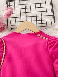 SHEIN Young Girls Puff Sleeve Top With Button Detail & Flared Pants Set - Multicolor - View 3