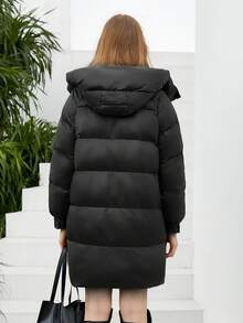 ZIAI 女士拉链口袋设计拼色保暖中长夹克 - 黑色 - 查看 2