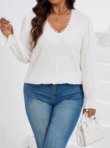 SHEIN Clasi Plus Size Patchwork Lace Textured Shirt - White - View 1