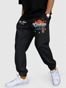 ROMWE MEN Prep 男士字母印花束口褲 - 黑色 - 查看 1