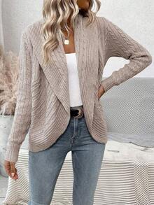 SHEIN LUNE Women'S Casual Cable Knitted Solid Color Front Open Cardigan Sweater - Apricot - View 5