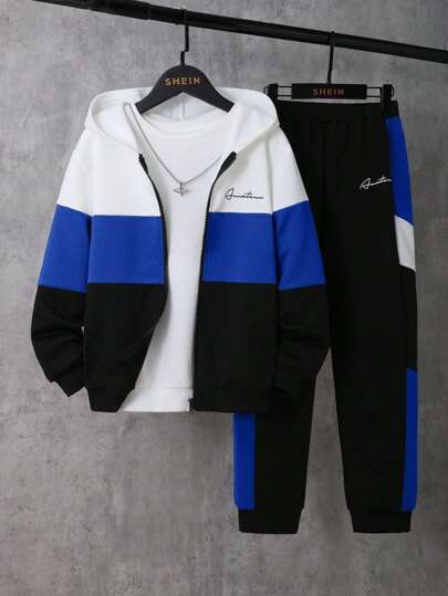 SHEIN 2件套 男童撞色休闲宽松连帽卫衣+撞色休闲运动裤，加厚抓绒