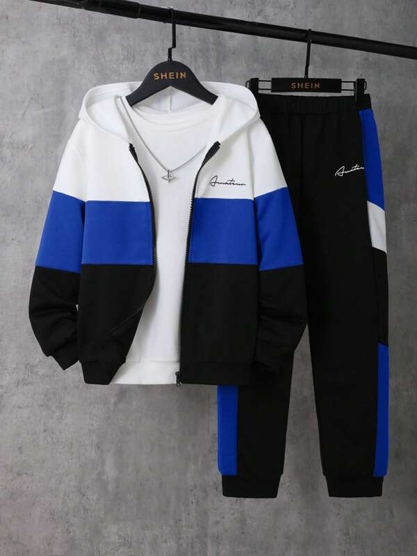 SHEIN Set de 2 piezas con sudadera con capucha y cremallera holgada con bloques de color + pantalón de chándal para niño preadolescente, forrado térmico y engrosado