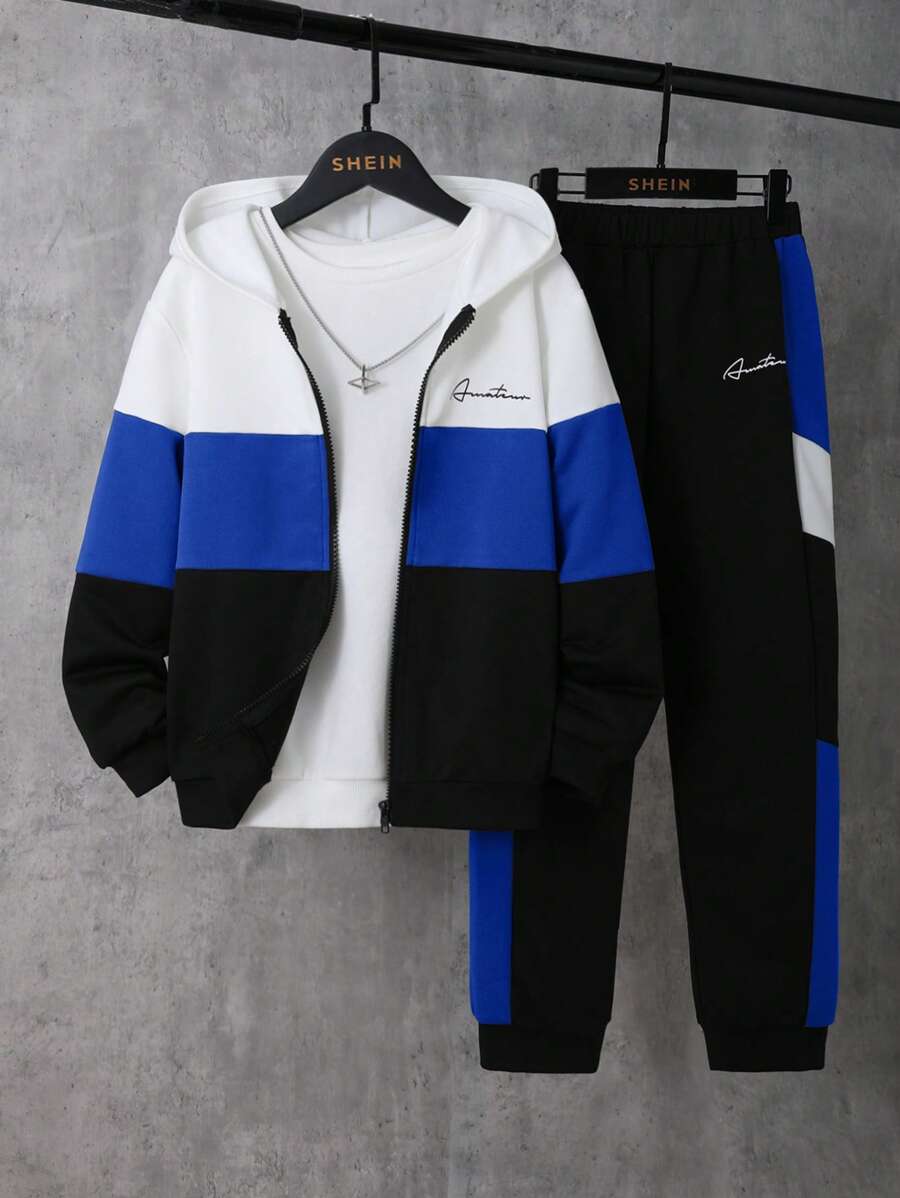 SHEIN Set de 2 piezas Sudadera con capucha holgada de color contrastante informal para niños preadolescentes + Pantalón de chándal informal de color contrastante, de felpa y grueso - azul real - Ver 1