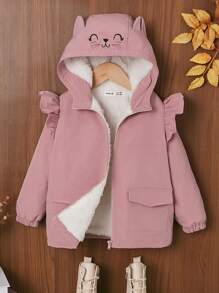 女小童卡通圖案荷葉邊毛絨襯裡連帽外套 - 粉色 - 查看 1