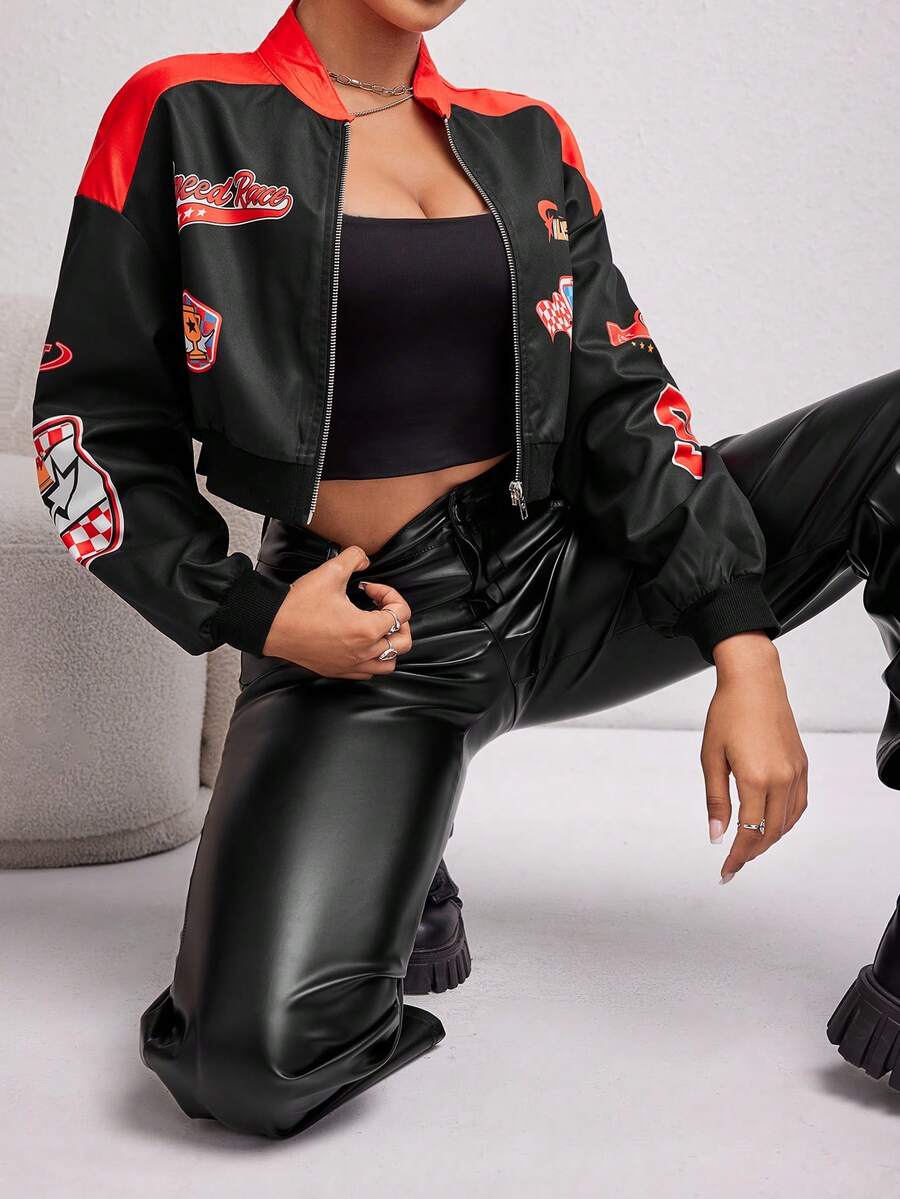 Coolane Letter Graphic Colorblock Drop Shoulder Crop Bomber Jacket - Red - View 1