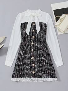 SHEIN Privé 格子圖案繫帶領口鈕扣前褶邊飾邊 2 合 1 洋裝 - 黑與白 - 查看 1