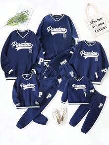 SHEIN Unity 女士休閒色彩對比字母印花連帽衫和長褲套裝，適用於秋冬季 - 藏蓝色 - 查看 5