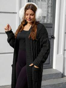 Solflare Plus Size Retro Cable Knit Long Cardigan Sweater - Black - View 3