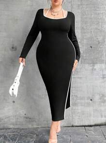 SHEIN ICON Plus Size Women'S Side Slit Dress - Black - View 1