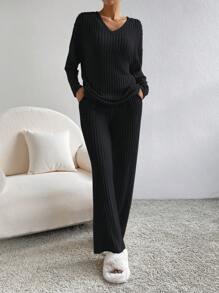 EURMUSE Women's Solid Knitted Sweater And Pants Two-piece Set - Black - View 5