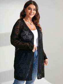 SHEIN LUNE Plus Size Solid Pointelle Knit Cardigan Fall Winter Cloth For Women - Black - View 4