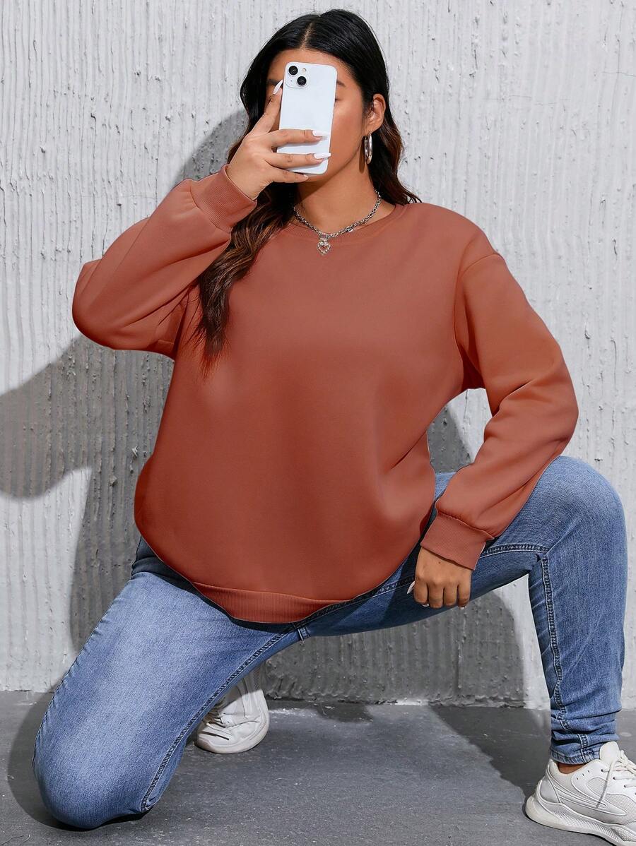 SHEIN Unity Kích thước lớn Vòng cổ Thả vai Tay áo Áo nỉ - Gỗ đỏ - Xem 1