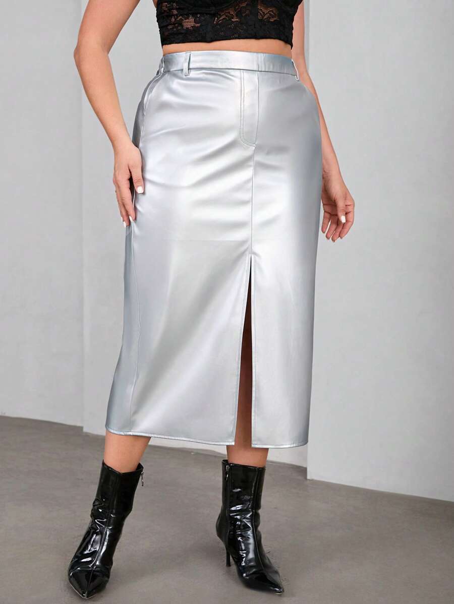 SHEIN Privé Kích thước lớn Thanh lịch Da giả Váy - Bạc - Xem 1