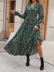 SHEIN Clasi Women's Printed Waist Ruched Pleated Dress - Green - View 5