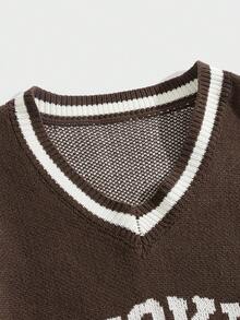 ROMWE MEN Prep Men College Style Letter Print Pullover Sweater - Coffee Brown - View 3