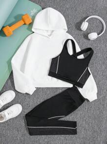 SHEIN 補間女孩字母刺繡連帽衫、拼布背心、長褲運動三件套 - 黑與白 - 查看 1