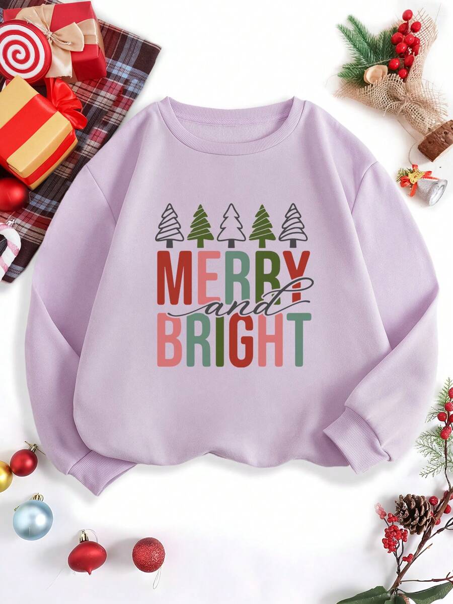 SHEIN EZwear Của phụ nữ Cây thông noel In Lông cừu Áo nỉ - Màu tím hoa cà - Xem 1