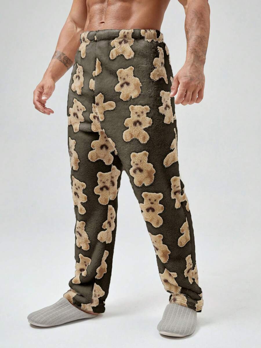 Men's Teddy Bear Patterned Home Wear Bottoms - Brown - View 1