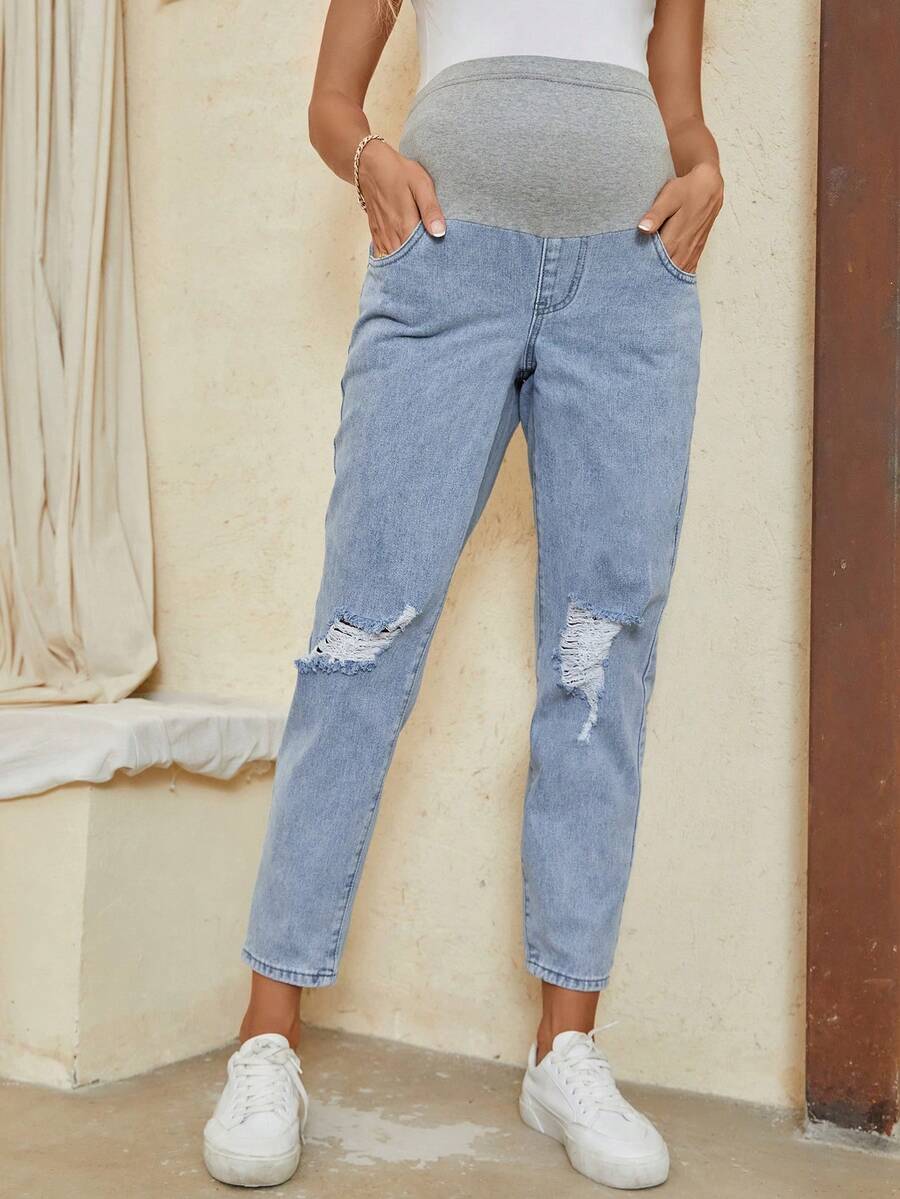 SHEIN Thai sản Giải trí Quần jean Distressed - Rửa nhẹ - Xem 1