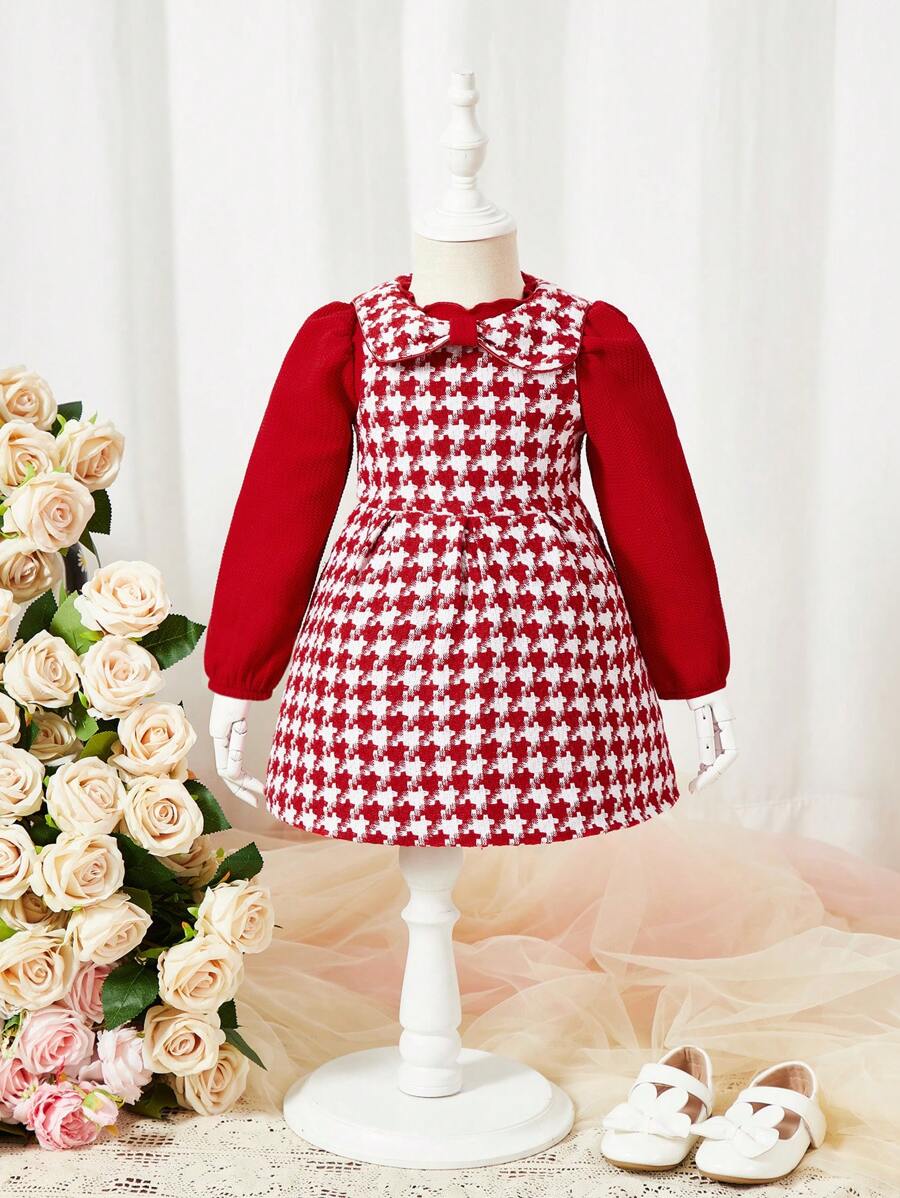 SHEIN 女孩寶寶過年必備千鳥格無袖洋裝搭配針織長袖上衣