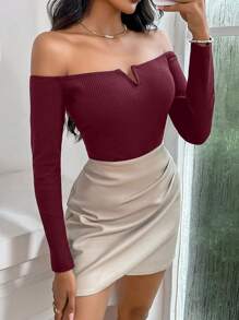 Firerie 女士肋紋針織純色束身t恤,帶有單肩領口 - 酒紅色 - 查看 6