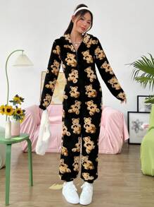 SHEIN EZwear Bear Print Zip Up Hooded Jumpsuit - Black - View 6