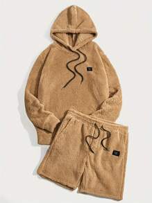 Manfinity Hypemode 男士連帽束口運動衫和短褲套裝 - 卡其色 - 查看 3