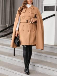 SHEIN Clasi Hơn áo tay cánh Đôi ngực Thắt lưng Áo khoác - Lạc đà - Xem 3