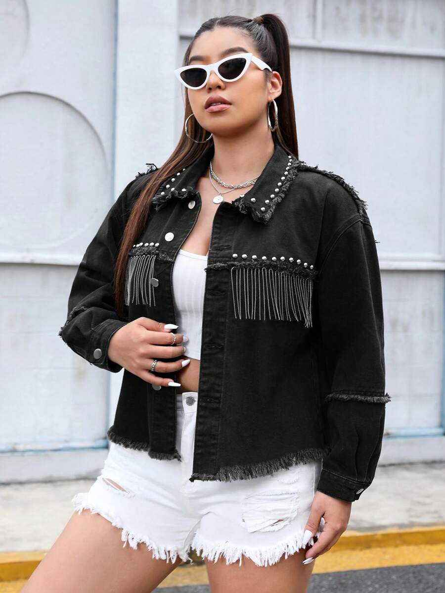 SHEIN ICON Plus Size Women's Denim Jacket With Fringe Hem - Black - View 1