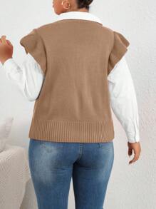 Celure Áo dệt kim trơn có viền xếp nếp dành cho nữ Plus Size - Màu Khaki - Xem 2