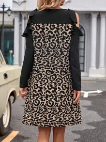 SHEIN LUNE Women's Leopard Print Splice Ruffle Hem Dress With Double Pockets - Multicolor - View 2