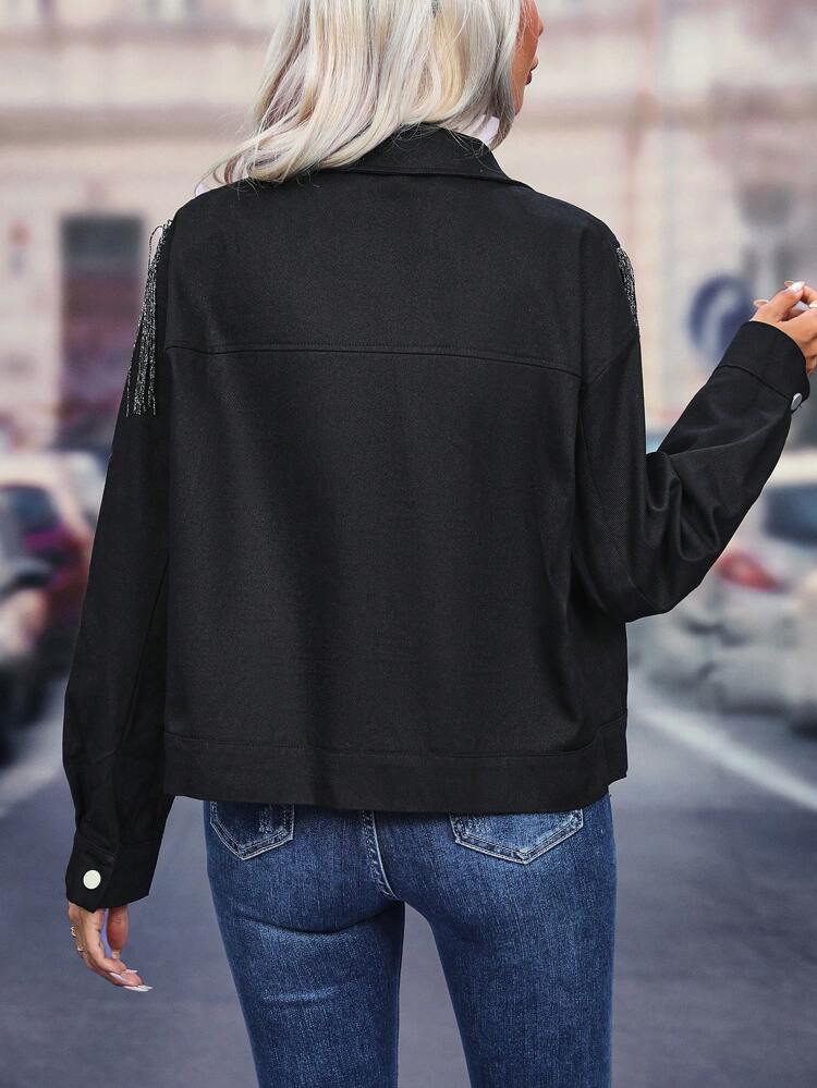 Fringe Trim Button Front Jacket Fall Cloth For Women