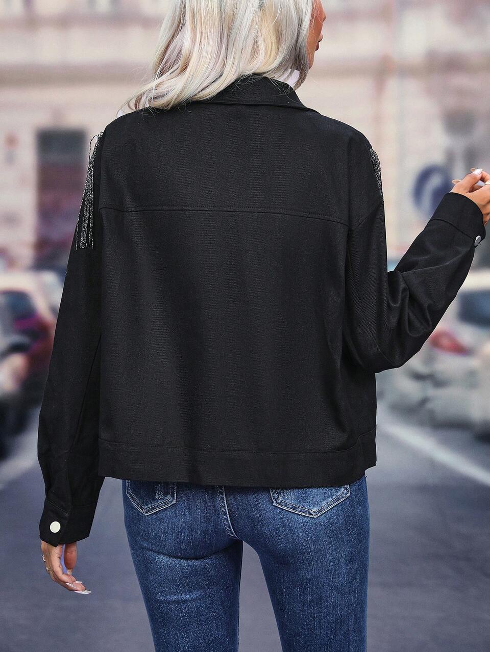 Fringe Trim Button Front Jacket Fall Cloth For Women