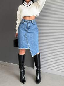 EURMUSE High Waisted Asymmetrical Hem Denim Skirt - Medium Wash - View 1