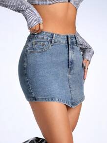 SHEIN ICON Women'S Zipper Front Close Fitted Denim Skirt