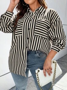 Flirla Plus Size Striped Printed Drop Shoulder Shirt - Black and White - View 6