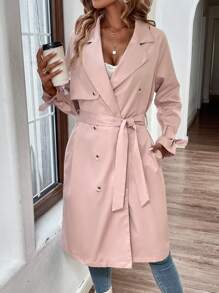 SHEIN Unity Double Breasted Belted Trench Coat - Pink - View 3
