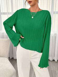 SHEIN Essnce Của phụ nữ Tay áo loe Áo sơ mi - Màu xanh lá cây đậm - Xem 5