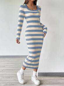 SHEIN Unity 修身條紋長袖貼身連身裙 - 彩色 - 查看 5