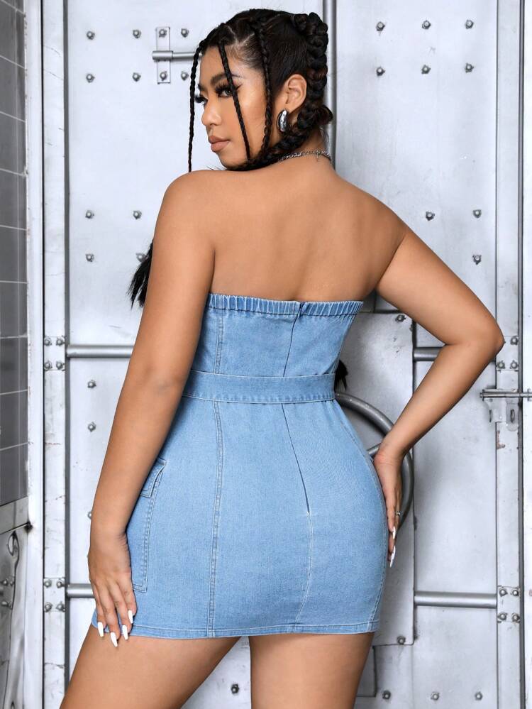Plus Size Denim Strapless Dress, Sexy And Fashionable