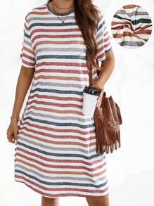SHEIN LUNE Plus Size Women's Striped T-Shirt Dress For Summer - Multicolor - View 1