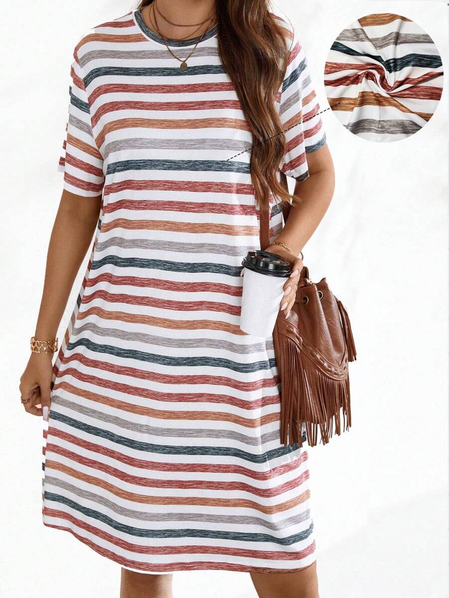 SHEIN LUNE Plus Size Women's Striped T-Shirt Dress For Summer - Multicolor - View 1